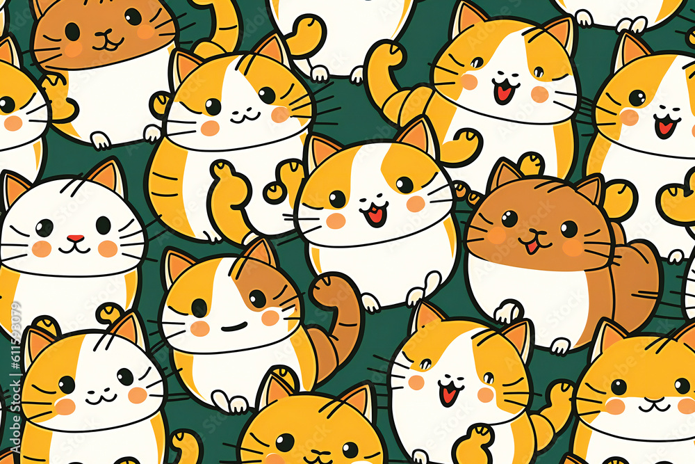 Poster cute playful kitten cartoon characters background. created with generative ai technology.