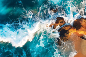 Fototapeta na wymiar Aerial view of ocean waves crashing on the shore. Created with Generative AI technology.