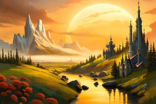 fantasy landscape, castle in the mountains, Old castle,  fairytale castle. Fantasy landscape illustration, sunset over the river