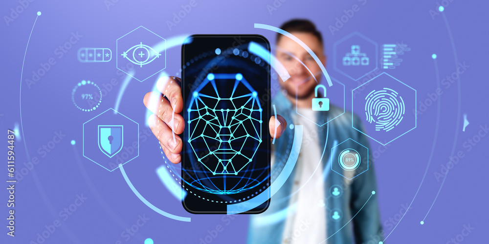 Poster man showing smartphone with facial recognition interface