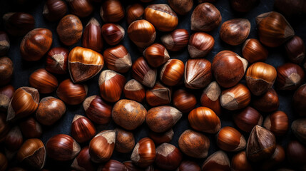 Obraz premium Top view on heap of chestnuts. Pile of ripe chestnuts for food background. Generative AI