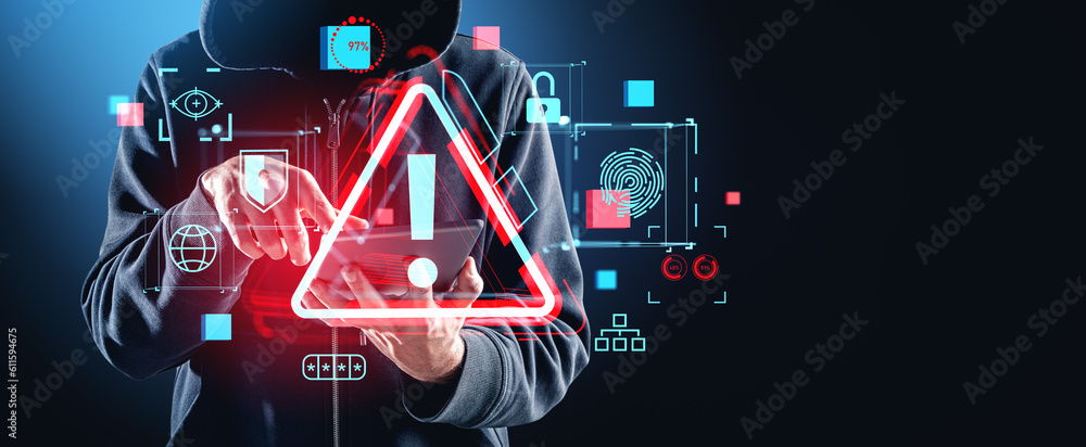 Aufkleber hacker attack system, red alert symbol hologram and cybersecurity icons