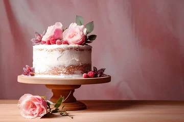 Fotobehang Naked cake with pink flowers. Rustic style cake with copy space.  Generative AI © Inga