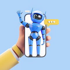 Man hand holding smartphone with chatting AI robot