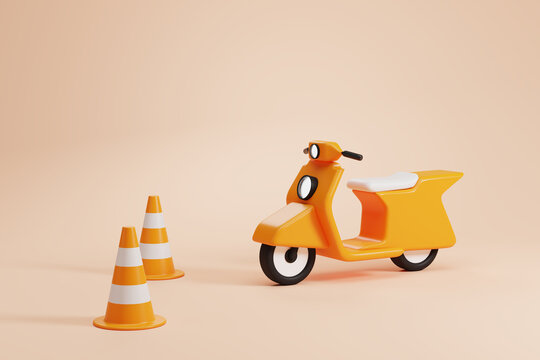 Traffic cones and motorbike on beige background, driving school