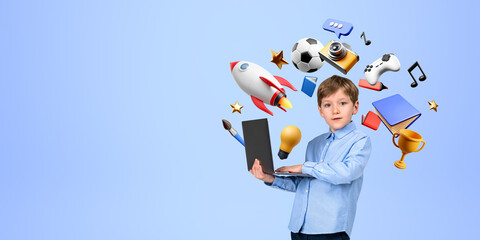Boy with laptop, education and online hobbies
