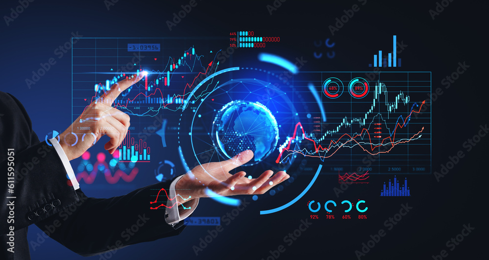 Poster man hands working with financial interface