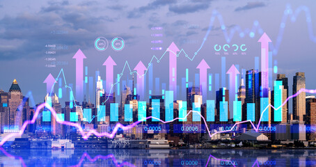 New York City panorama with growing financial diagrams