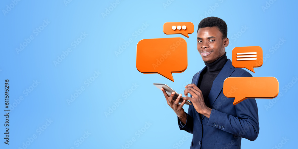 Poster black smiling businessman with tablet in hand, mock up text message bubble