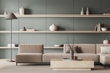 Green living room interior with sofa and shelves