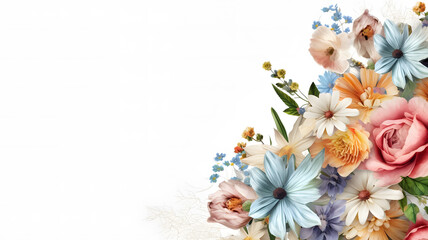 Flowers composition. Frame made of beautiful flowers on white background, top view with copy space Generative AI