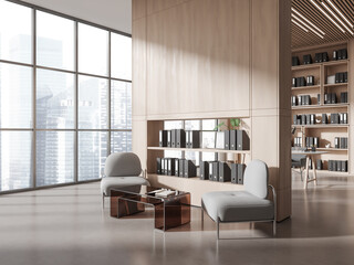 Stylish business office interior with chill and work zone, panoramic window