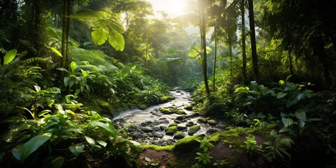 Fototapeta premium amazon rainforest with tropical vegetation, a creek runs through a mysterious jungle, a mountain stream in a lush green valley, fictional landscape created with generative ai