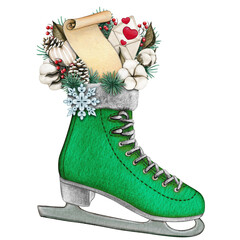 watercolor hand drawn christmas decorated ice skate