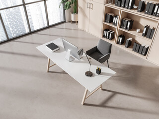 White and wooden CEO office interior, top view