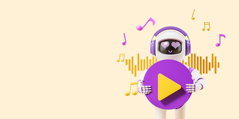 AI robot in headphones holding play button, music streaming and podcasts