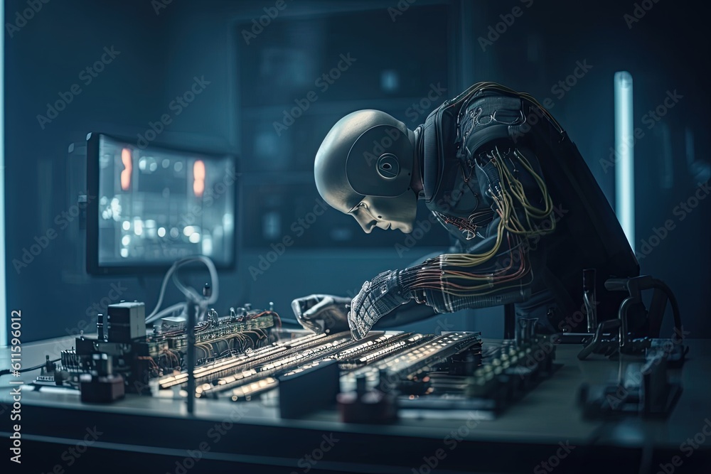 Aufkleber welder working on a computer in a dark room. 3d rendering. futuristic ai robot technician repairing 