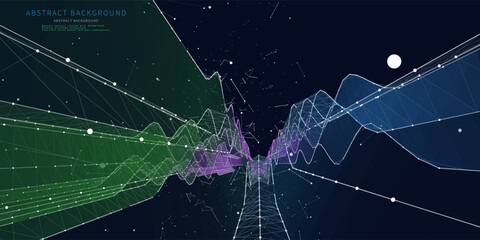 Abstract  background wavy grid  in net dots and lines on dark. Technology concept data waves  in virtual space. Banner for business, science and technology data analytics. Big Data.