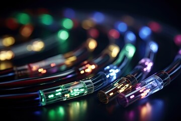 Fiber optic cables close up on a dark background with colored lights, Futuristic data transfer cables close up shot, AI Generated