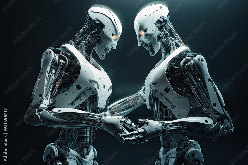 Aufkleber two female robots looking at each other on black background. 3d rendering. futuristic robots handsha