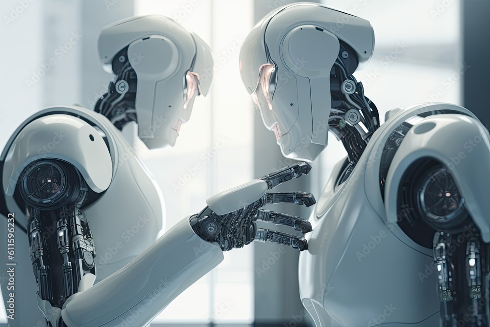Poster 3d rendering humanoid robot hand touching the face of another robot in office, futuristic robots han