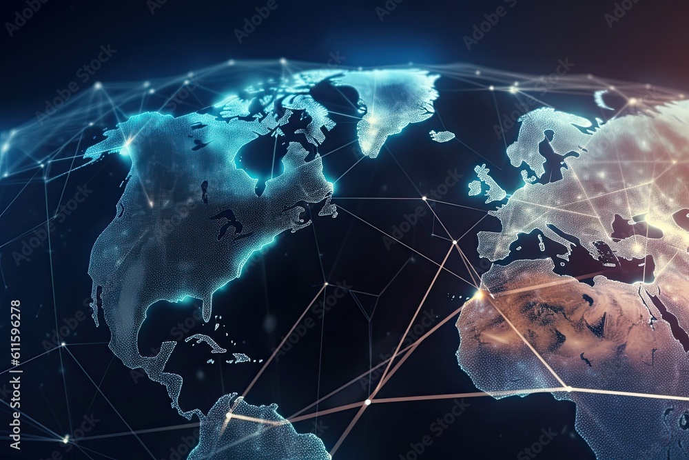 Poster global network connection and data exchanges over the world. 3d rendering, global world network and 