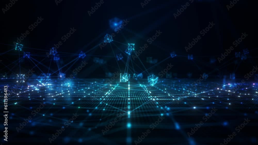 Poster blockchain network concept with digital cube rotation, global technology digital data high-speed int