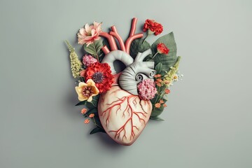 Heart with human organ and flowers on gray background. Concept of healthy heart.  Human heart with flowers love and emotion concept, AI Generated