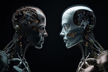 3d rendering of two robot heads on black background, artificial intelligence concept, human vs artificial intelligence, AI Generated
