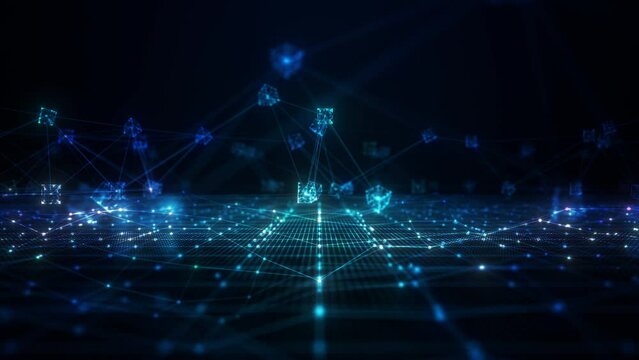 Blockchain network concept with digital cube rotation, Global technology digital data high-speed internet connection, Technology, and metaverse, Cryptocurrency blockchain, Background looping motion 4k - Powered by Adobe