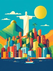 A travel poster of Rio de Janeiro with colourful minimalist modern design. Advertising card, retro poster with statue of Jesus. AI image.