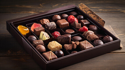 An assortment of handmade chocolates and chocolate truffles in an elegant box