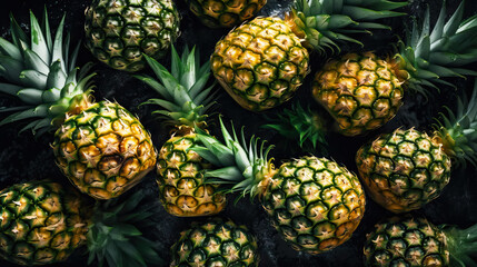 Fresh ripe pineapple with water drops background. Fruits backdrop. Generative AI