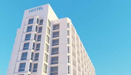 Fototapeta premium Perspective modern hotel over blue sky scene 3d render architecture resident wallpaper backgrounds
