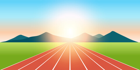 Running Track or Athlete Track with Sunrise. Vector Illustration.