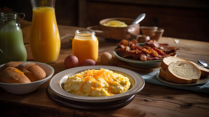 A hearty breakfast spread featuring scrambled eggs, bacon, rolls, and freshly squeezed orange juice