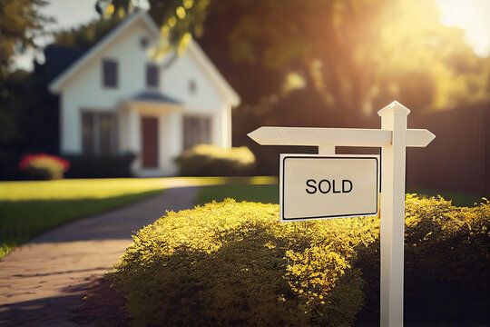 Sold sign in front of beautiful new house Generative AI