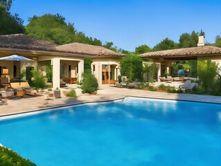 Fototapeta premium House with a pool in the backyard Luxury sunset backyard Swimming pool.