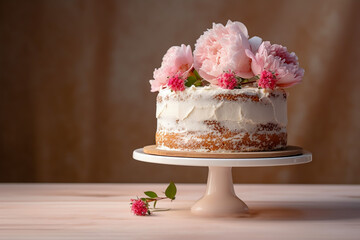 Naked cake with pink flowers. Rustic style cake with copy space.  Generative AI