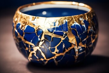 Kintsugi Japanese blue and gold pottery - obrazy, fototapety, plakaty