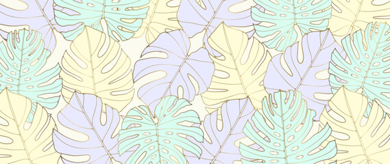 Tropical tender background with monstera leaves in marshmallow shades. Abstract botanical background for decor, covers, wallpapers, cards and presentations