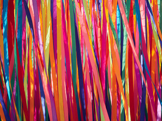 Multi-colored satin ribbons flutter in the wind