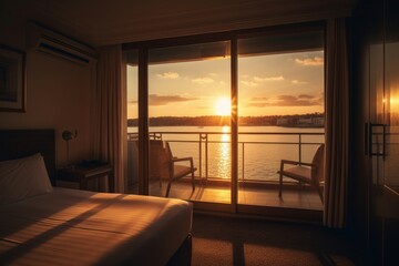 Obraz premium Hotel room sunset. Generate Ai
