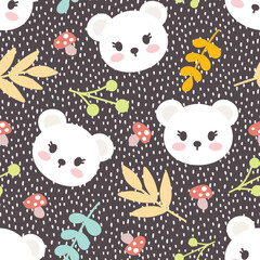 cute white polar bear on a dashed dark gray backgrounds, scandinavian woodland animals style seamless pattern for kids cloth, wildlife fabric and textile baby print, wrapping paper and decor design