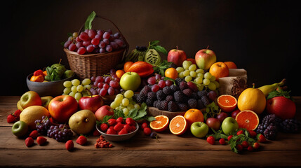 A vibrant assortment of fresh fruits and vegetables arranged on a wooden table