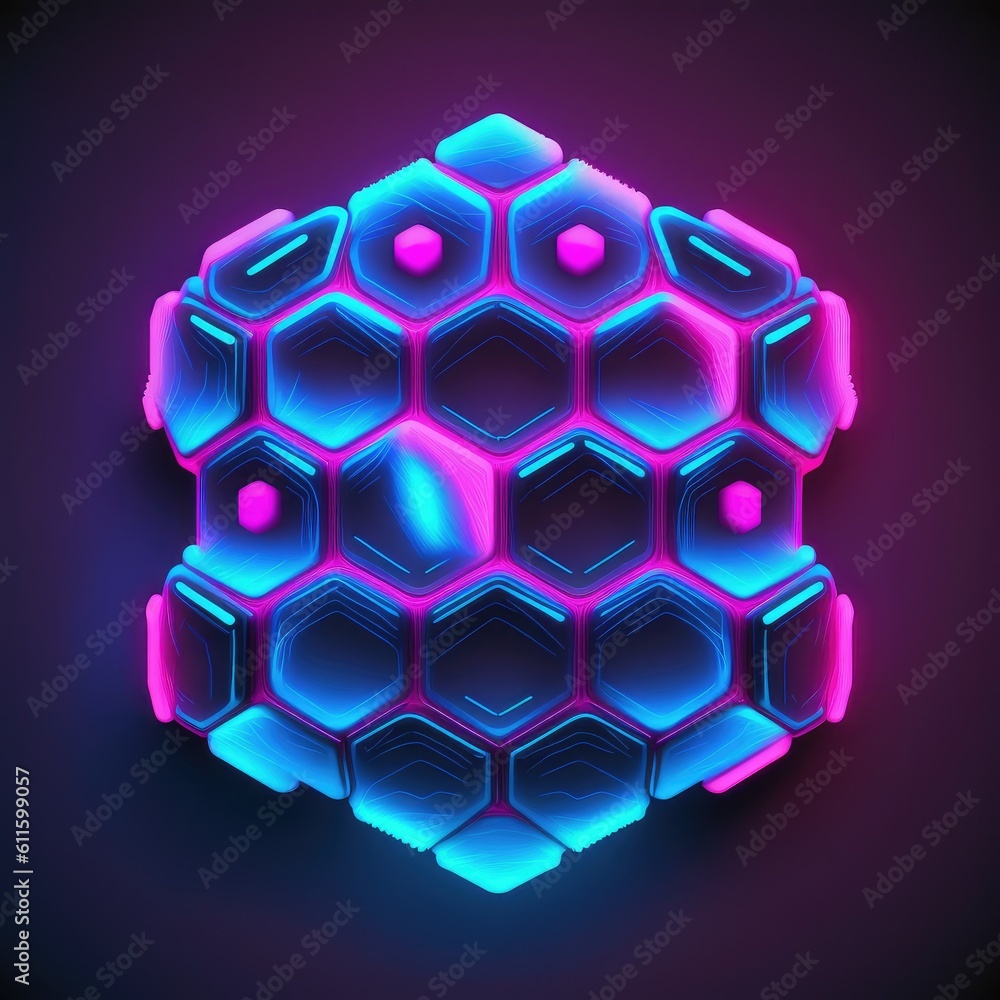 Poster overlapped lightning neon magical hexagon effecting on black background. reflection of glowing digit