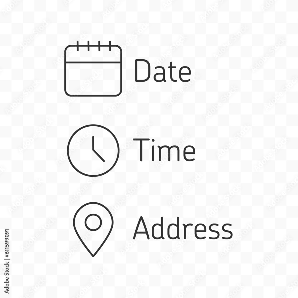 Poster date and time location address icon set. calendar, clock, address, location symbol on transparent ba