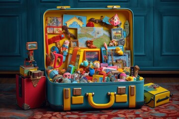 Fototapeta premium A vibrant suitcase filled with colorful souvenirs from around the world, ready for adventure. Generative AI