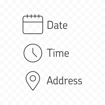 Date and time location address icon set. Calendar, clock, address, location symbol on transparent background. Sign event data with  easily editable thin style design line art.Vector stock illustration