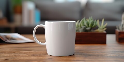 AI Generated. AI Generative. Ceramic white color mug cup morning tea coffee on wood table in bright kitchen. Can be used for promotrion or graphic design brand. Graphic Art